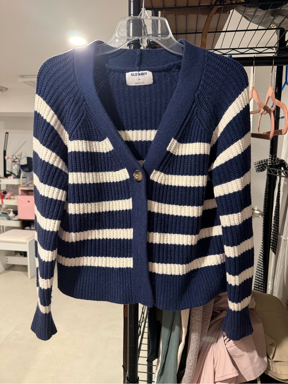 Old Navy Navy and White Striped Ribbed Button Cardigan